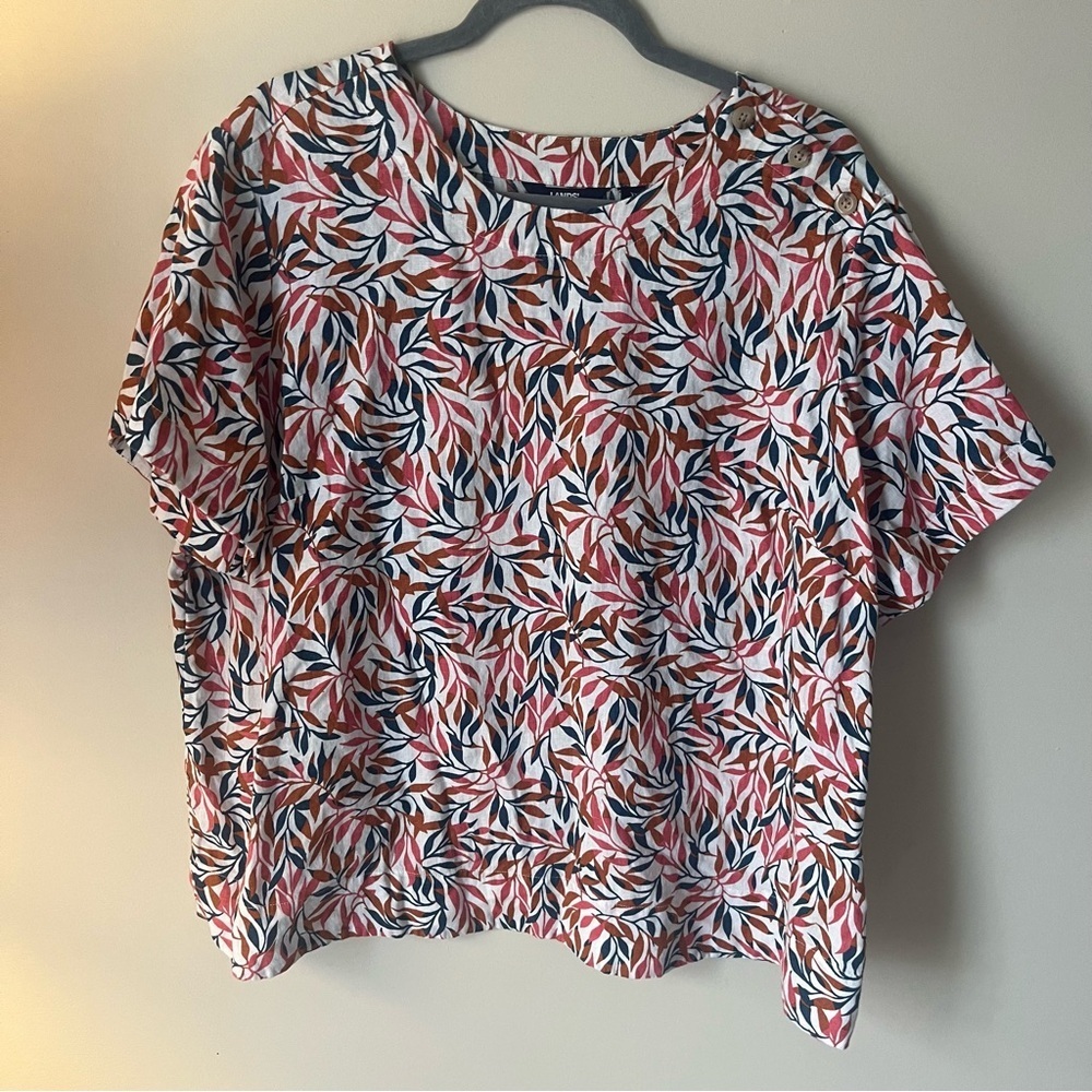Lands' End Size 1X Linen Leaf Print Boxy Blouse Top Button Shoulder Pink WW15